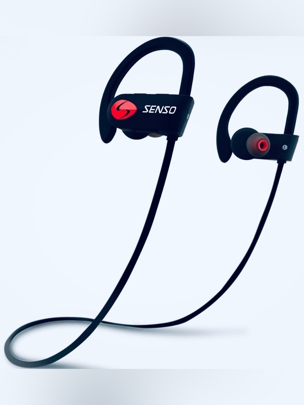 SENSO Black Ear-Hook Wireless Earbuds with Red Accent With USB Cable Conditions